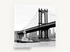 Tug Under the Bridge, manhattan bridge tugboat black and white photograph, city canvas wall art print ready to hang