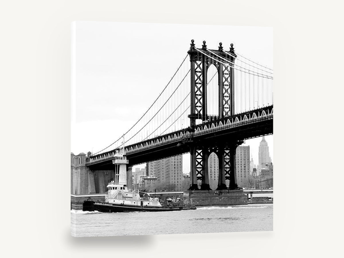 Tug Under the Bridge, manhattan bridge tugboat black and white photograph, city canvas wall art print ready to hang