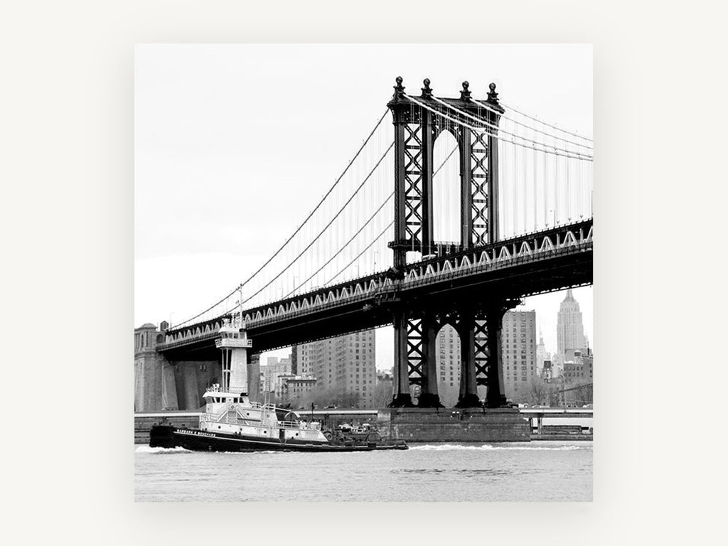 Tug Under the Bridge, manhattan bridge tugboat black and white photograph, city canvas wall art print, front view