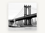 Tug Under the Bridge, manhattan bridge tugboat black and white photograph, city canvas wall art print, front view