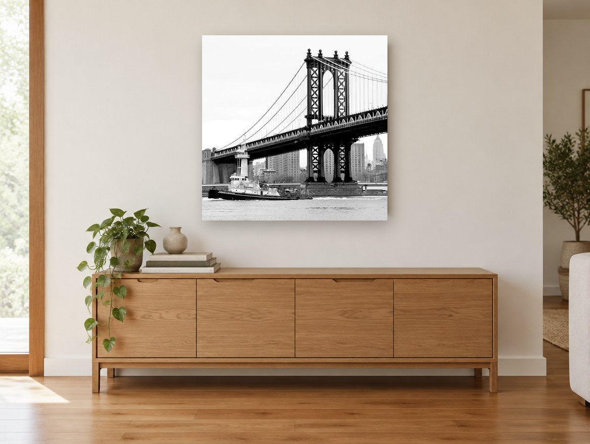 Tug Under the Bridge city canvas print on the wall of a living room above a sideboard