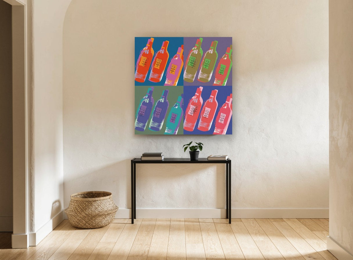 Pop Wine Quartet kitchen canvas print on the wall of a hallway
