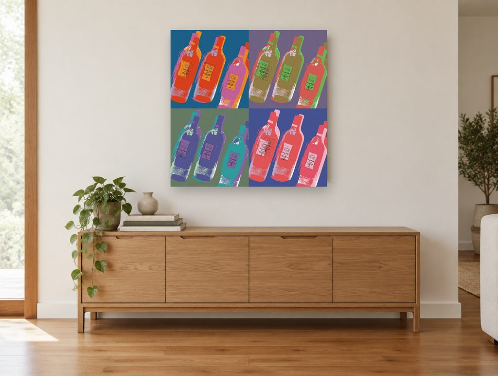 Pop Wine Quartet kitchen canvas print on the wall of a living room above a sideboard