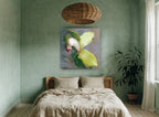 Green Cymbidium Orchid floral canvas print on the wall of a bedroom