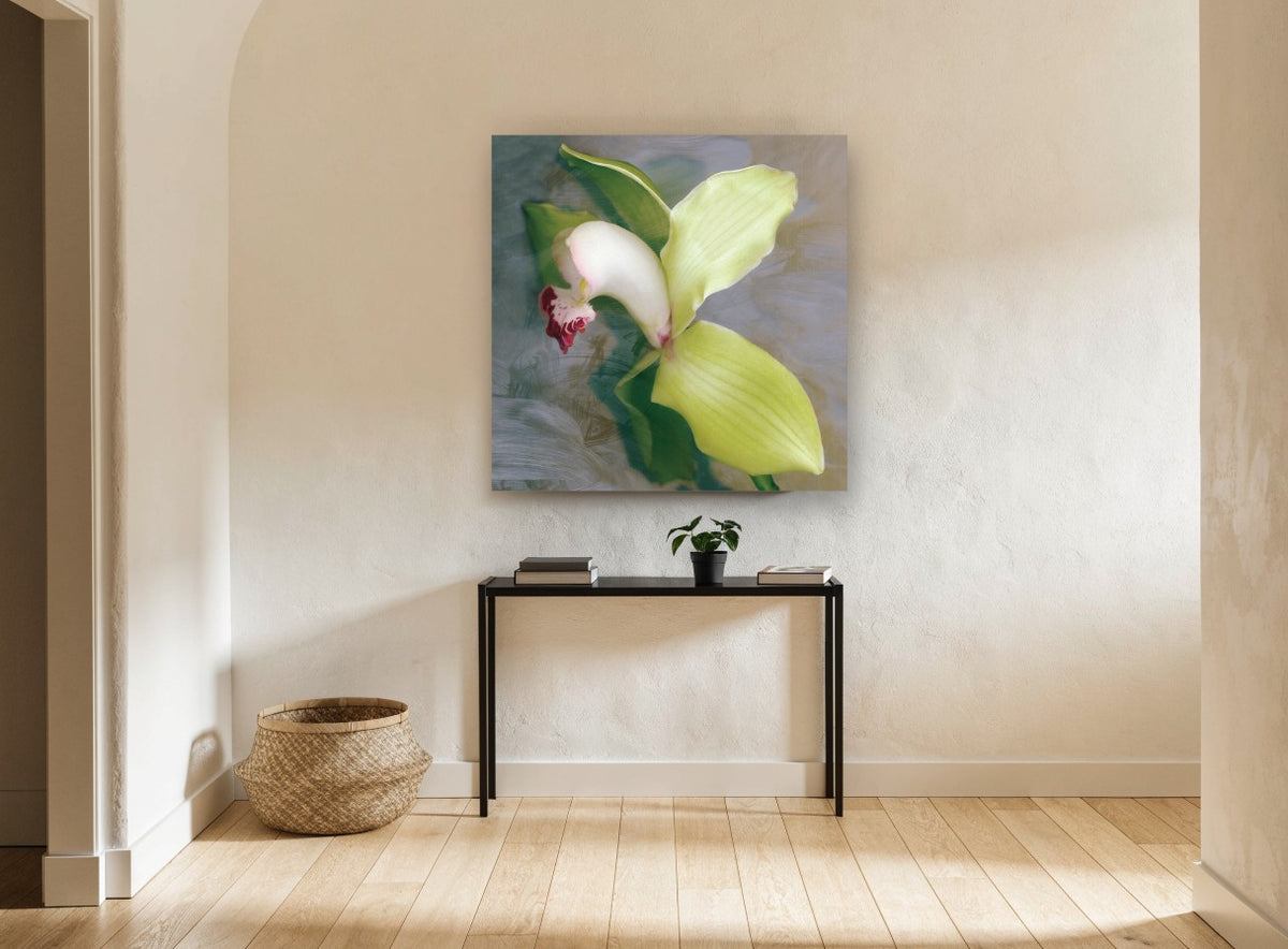 Green Cymbidium Orchid floral canvas print on the wall of a hallway