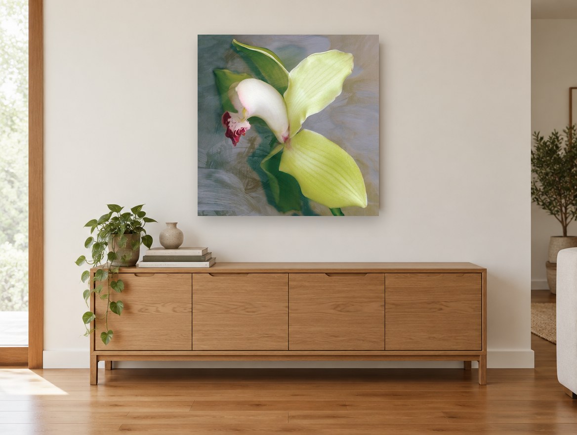 Green Cymbidium Orchid floral canvas print on the wall of a living room above a sideboard