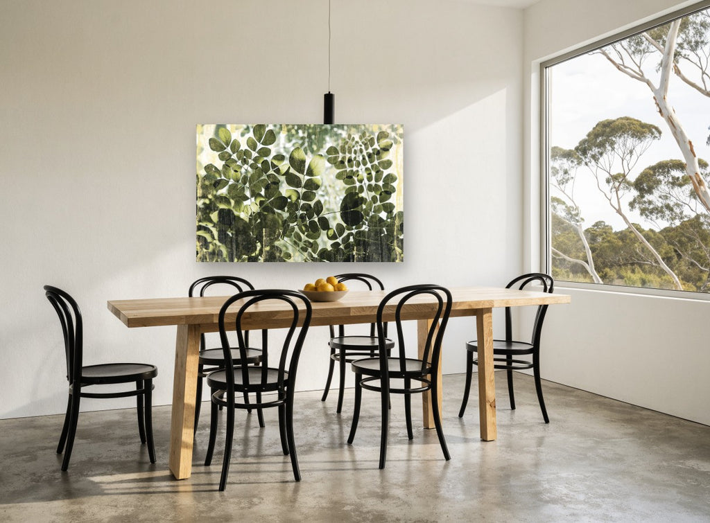 Green Leaflets in Light floral canvas print on the wall of a dining room