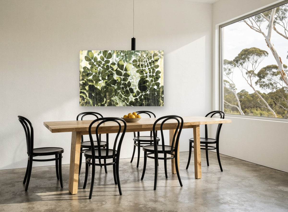 Green Leaflets in Light floral canvas print on the wall of a dining room
