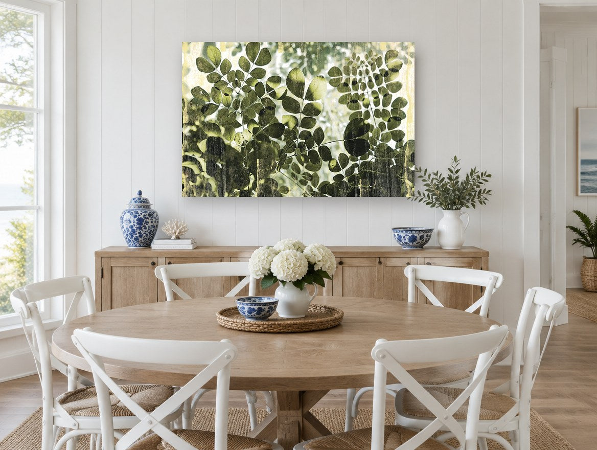 Green Leaflets in Light floral canvas print on the wall of a Hamptons dining room