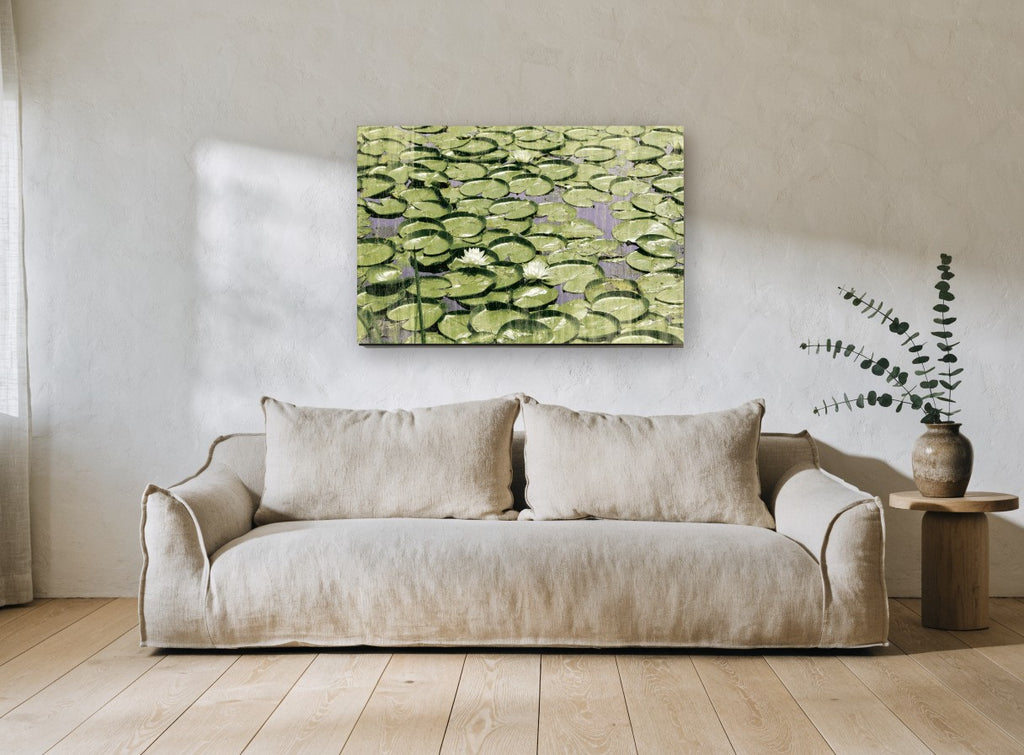 Lily Pad Pond landscape canvas print on the wall of a living room