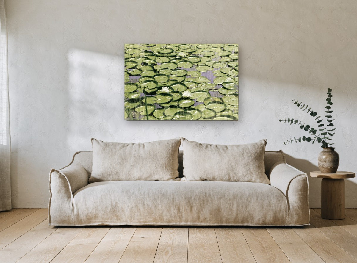 Lily Pad Pond landscape canvas print on the wall of a living room