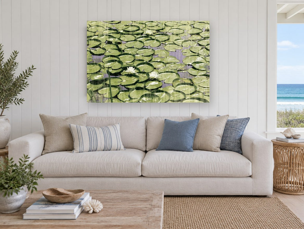 Lily Pad Pond landscape canvas print on the wall of a beach house living room