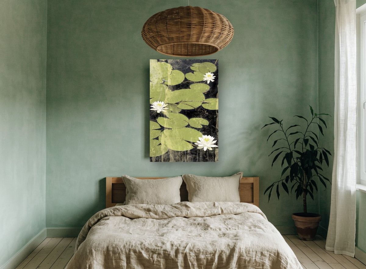 Lily Pond Blossoms landscape canvas print on the wall of a bedroom