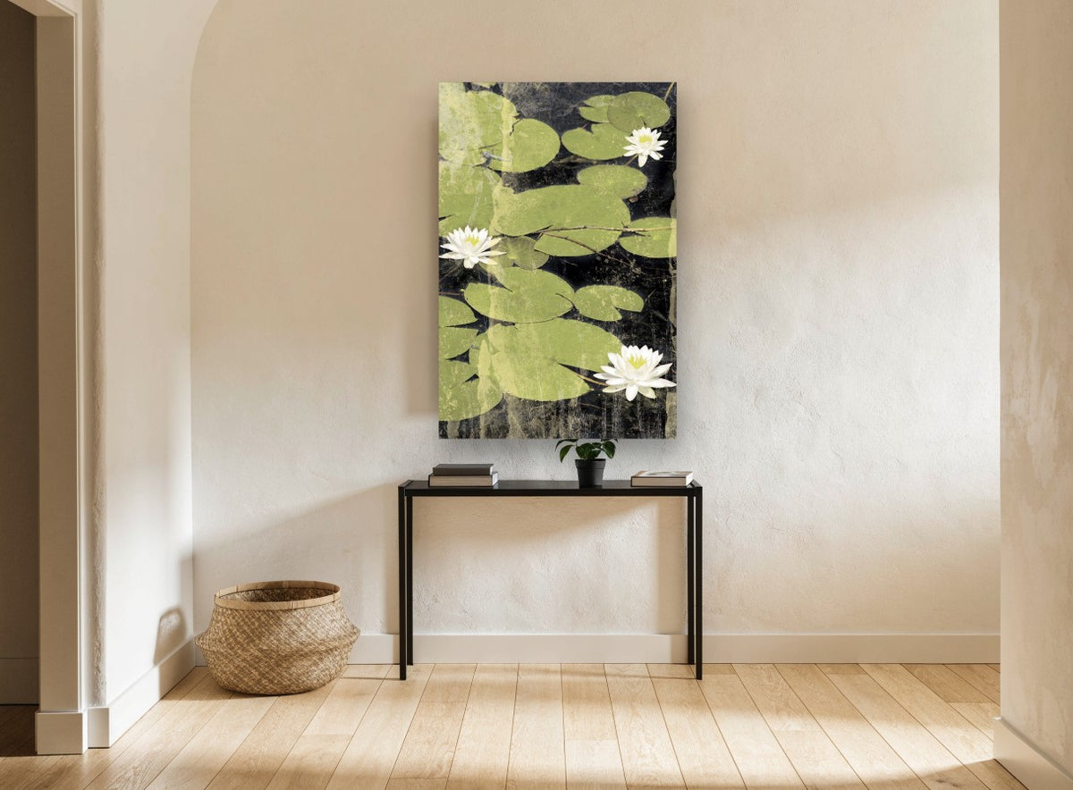 Lily Pond Blossoms landscape canvas print on the wall of a hallway