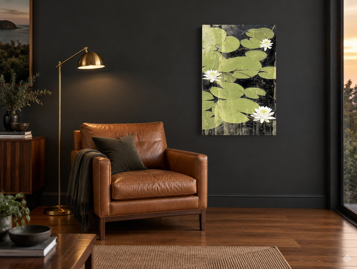 Lily Pond Blossoms landscape canvas print on the wall of a charcoal living room