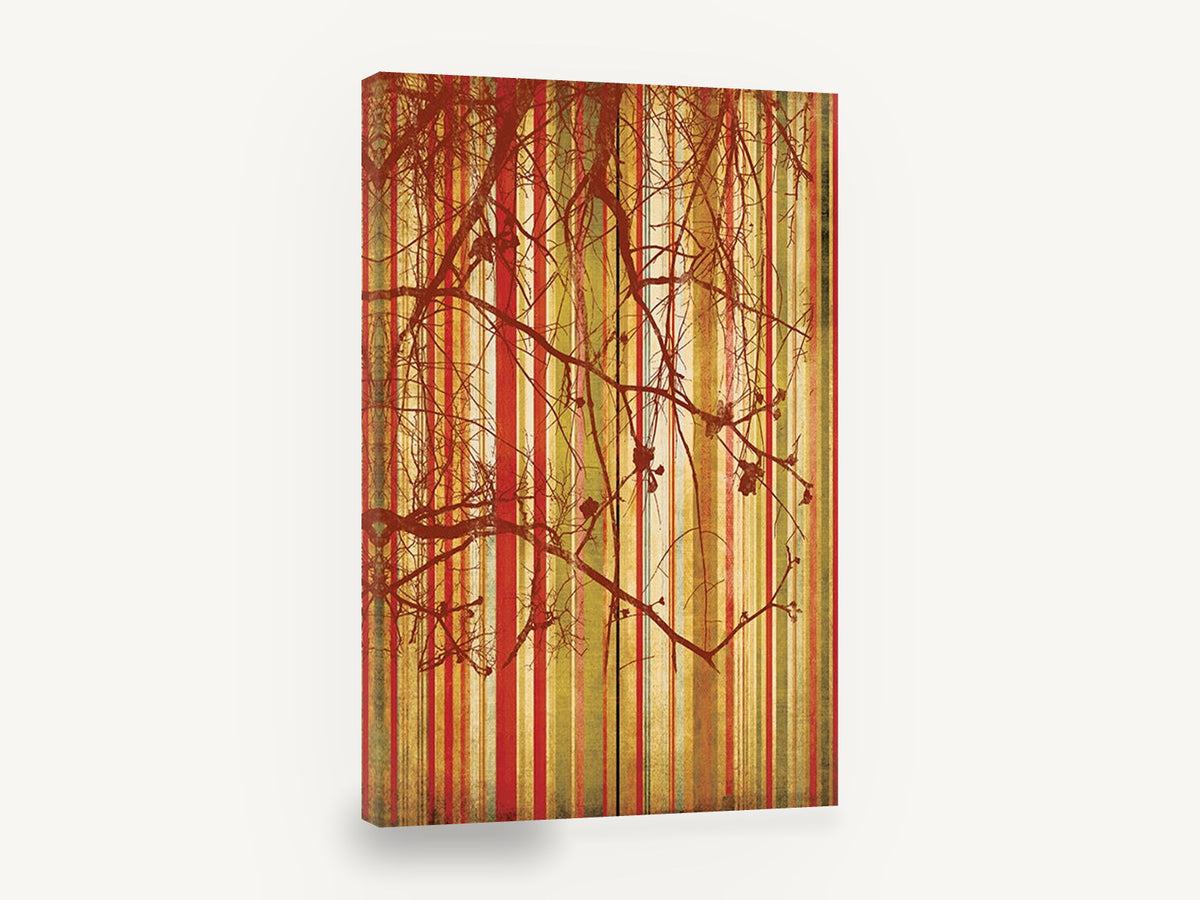 Rust Branches Over Stripes, red branch silhouette striped botanical, floral canvas wall art print ready to hang
