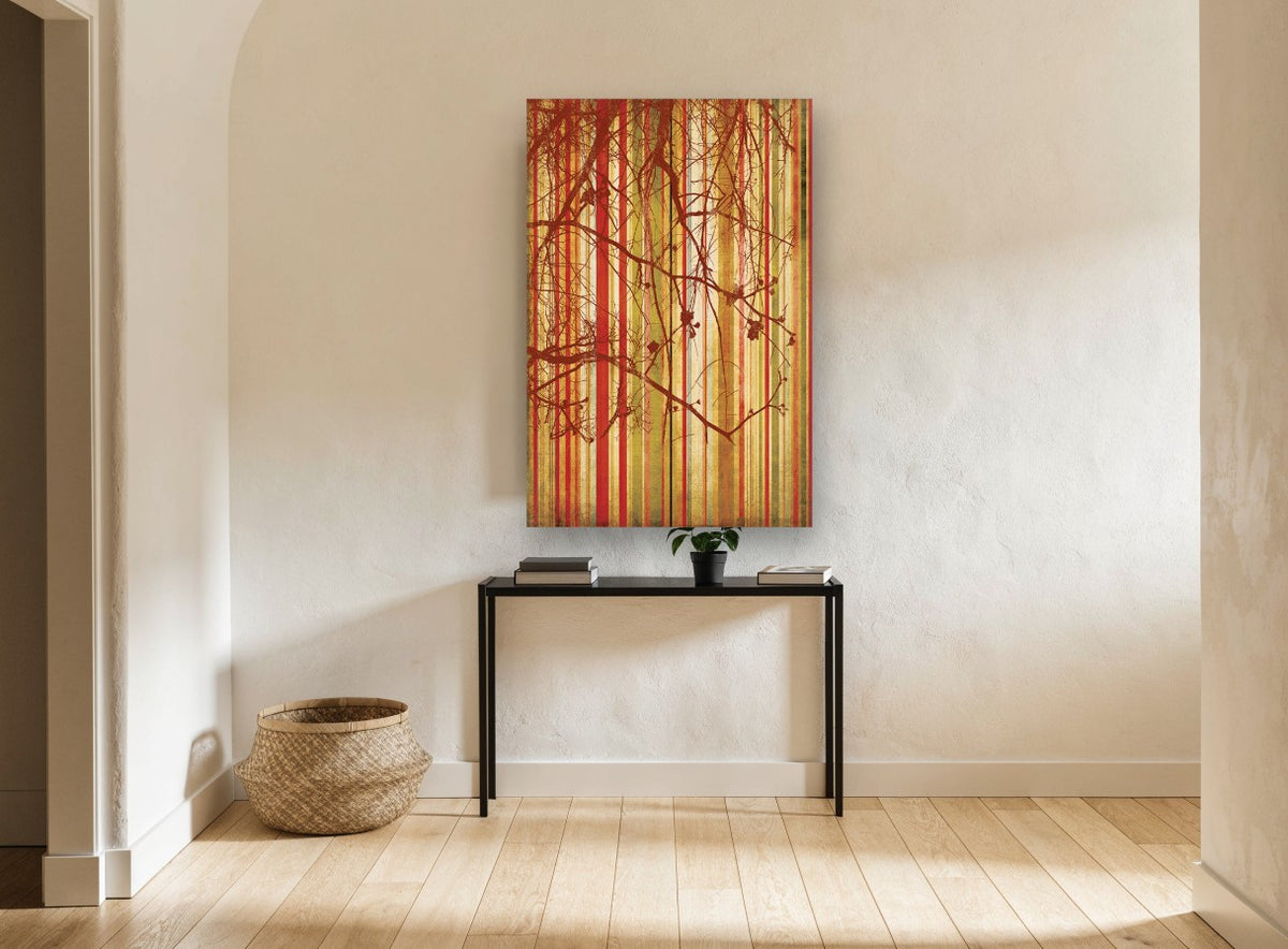 Rust Branches Over Stripes floral canvas print on the wall of a hallway
