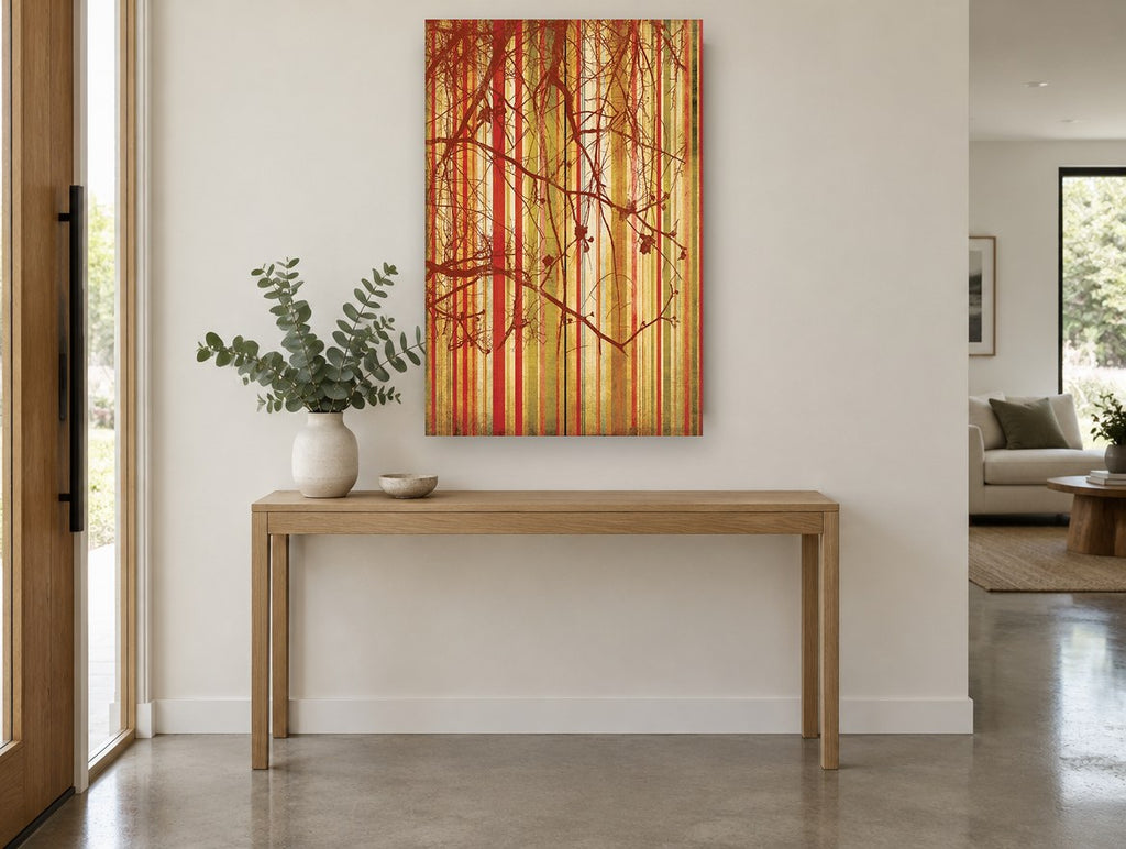 Rust Branches Over Stripes floral canvas print on the wall of a entry hall