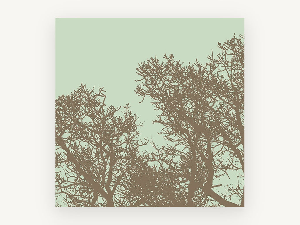 Mocha Twigs Mint Sky, bare tree branches silhouette illustration, landscape canvas wall art print, front view