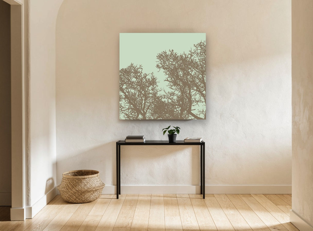 Mocha Twigs Mint Sky landscape canvas print on the wall of a hallway