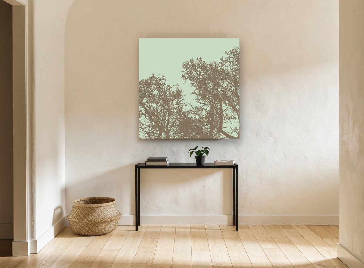 Mocha Twigs Mint Sky landscape canvas print on the wall of a hallway