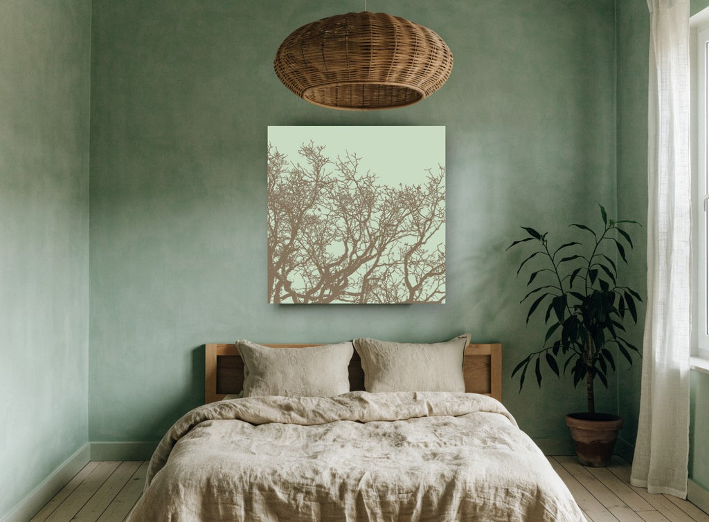 Sage Sky Tangle landscape canvas print on the wall of a bedroom