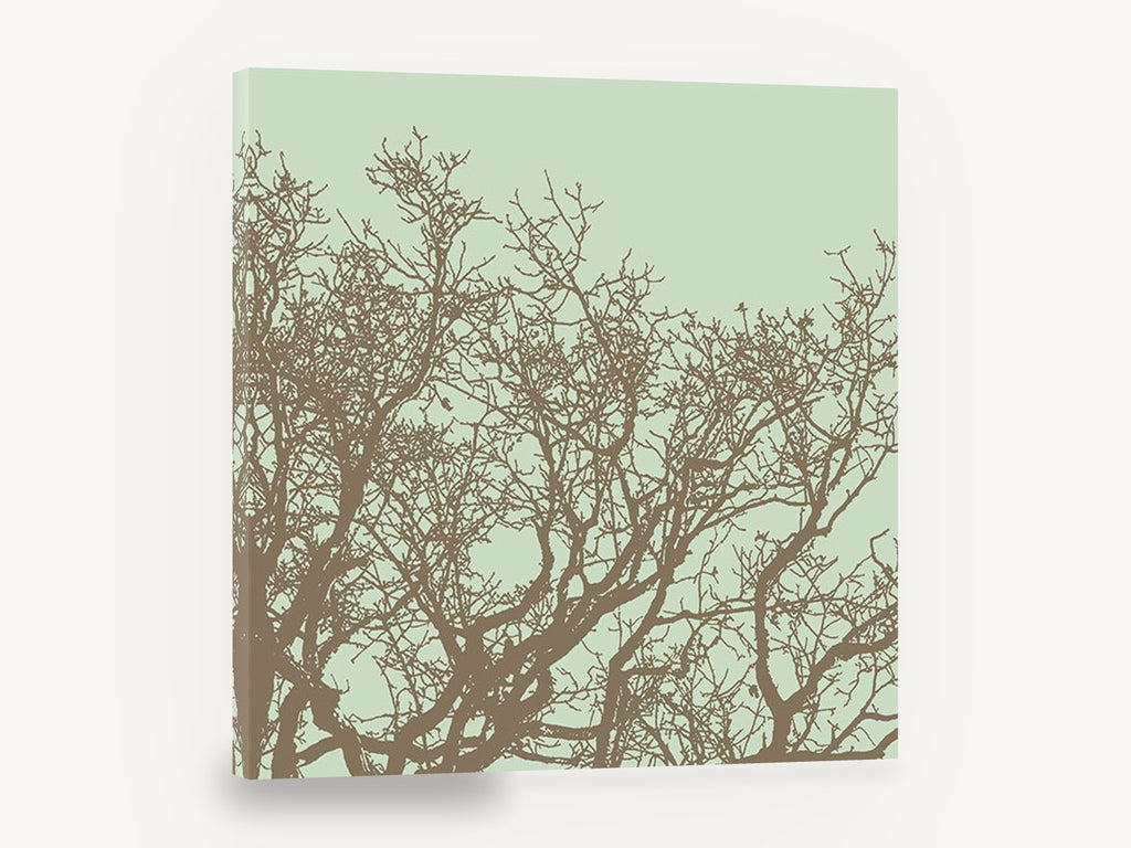 Sage Sky Tangle, bare tree branches silhouette, landscape canvas wall art print ready to hang