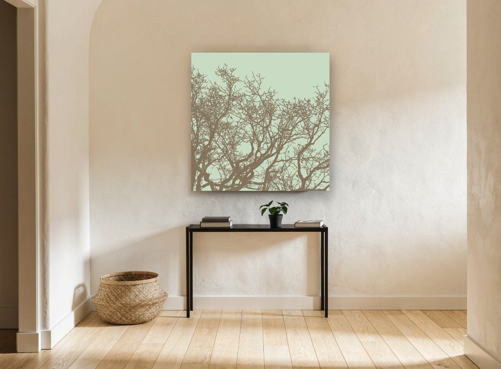 Sage Sky Tangle landscape canvas print on the wall of a hallway