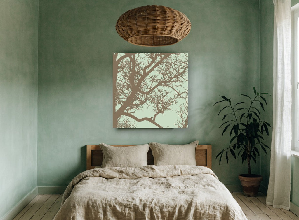 Bare Branches on Sage landscape canvas print on the wall of a bedroom