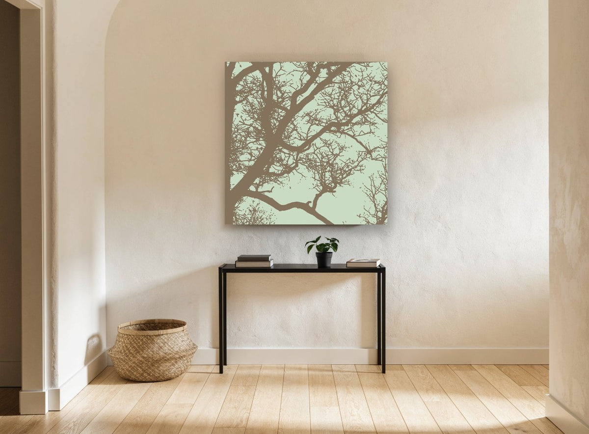 Bare Branches on Sage landscape canvas print on the wall of a hallway