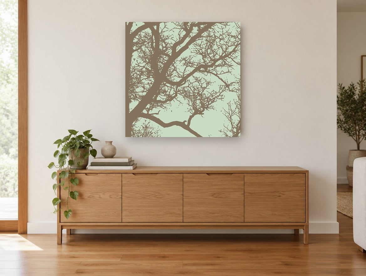Bare Branches on Sage landscape canvas print on the wall of a living room above a sideboard