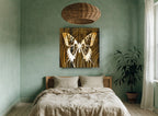 Butterfly on Timber Grain floral canvas print on the wall of a bedroom