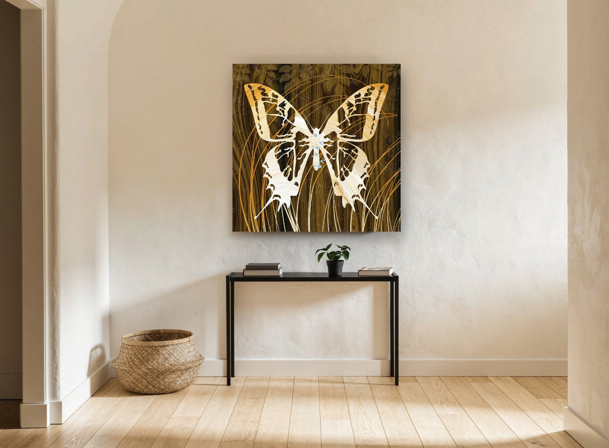Butterfly on Timber Grain floral canvas print on the wall of a hallway