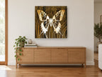 Butterfly on Timber Grain floral canvas print on the wall of a living room above a sideboard