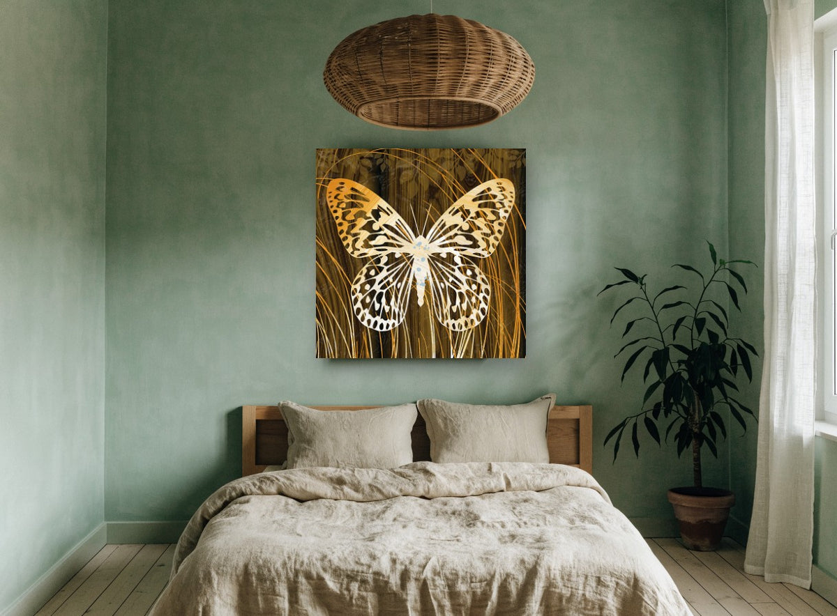 Amber Grain Butterfly floral canvas print on the wall of a bedroom