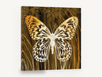 Amber Grain Butterfly, butterfly silhouette on wood grain, floral canvas wall art print ready to hang