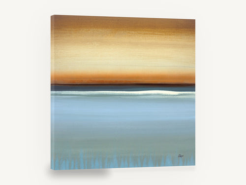 Amber Horizon Calm, abstract ocean horizon sunset, coastal canvas wall art print ready to hang