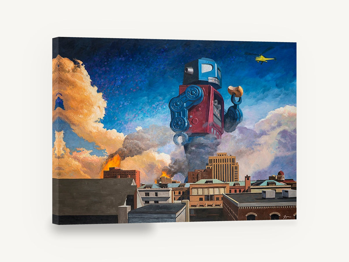 Giant Robot Lunchtime, retro giant tin toy robot, stretched canvas wall art print ready to hang