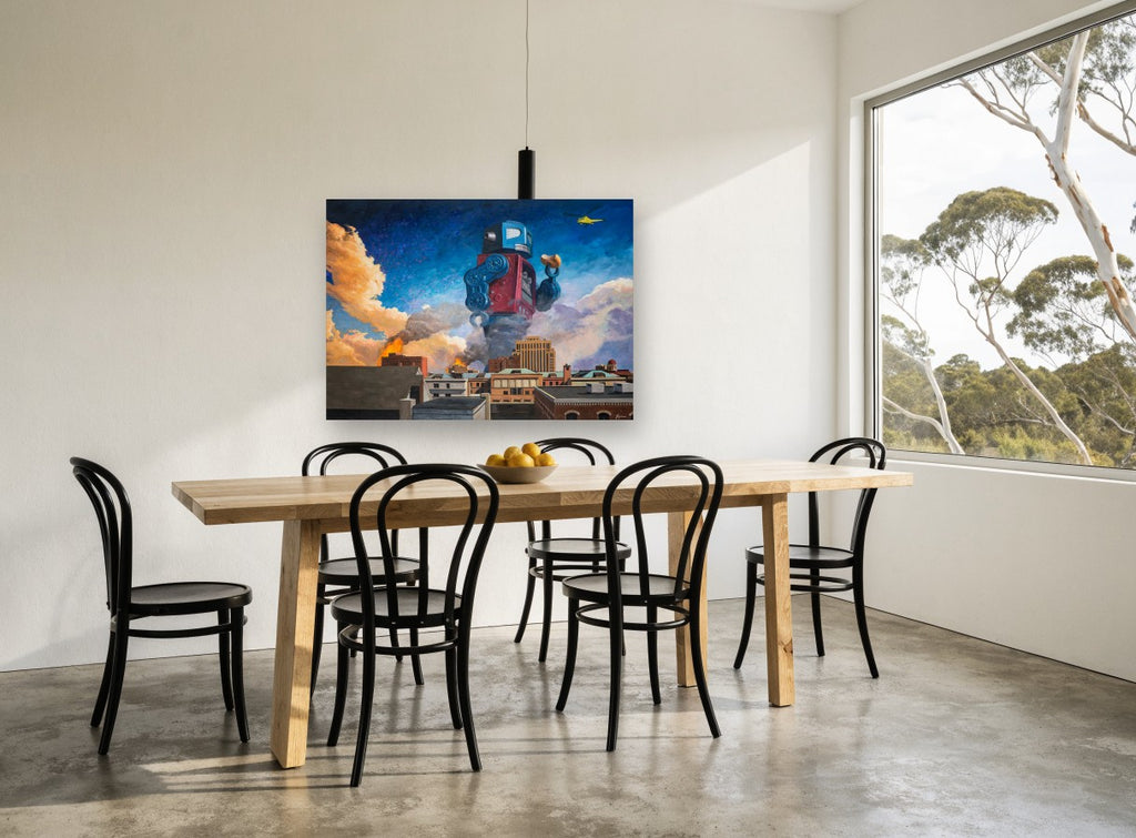 Giant Robot Lunchtime vintage canvas print on the wall of a dining room