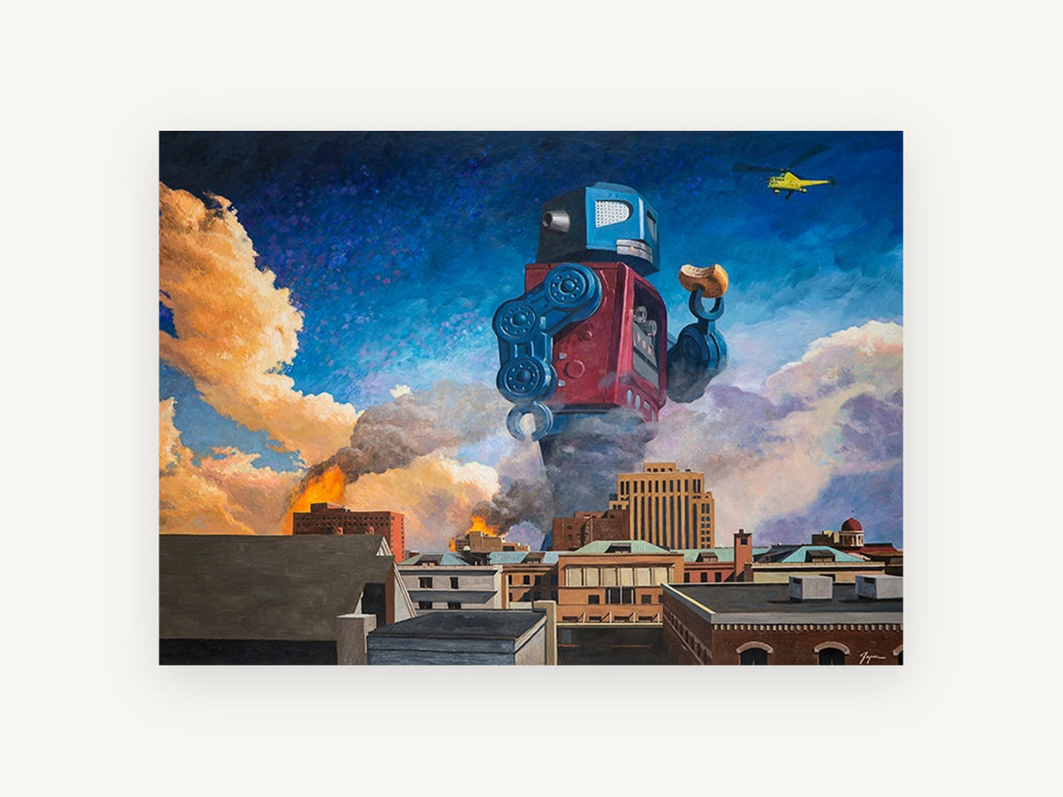 Giant Robot Lunchtime, vintage canvas wall art print, front view