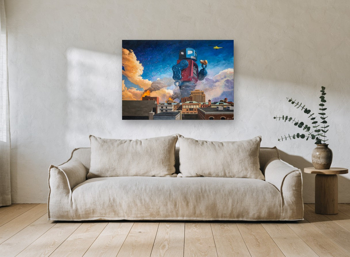 Giant Robot Lunchtime vintage canvas print on the wall of a living room