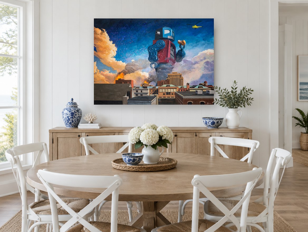 Giant Robot Lunchtime vintage canvas print on the wall of a Hamptons dining room