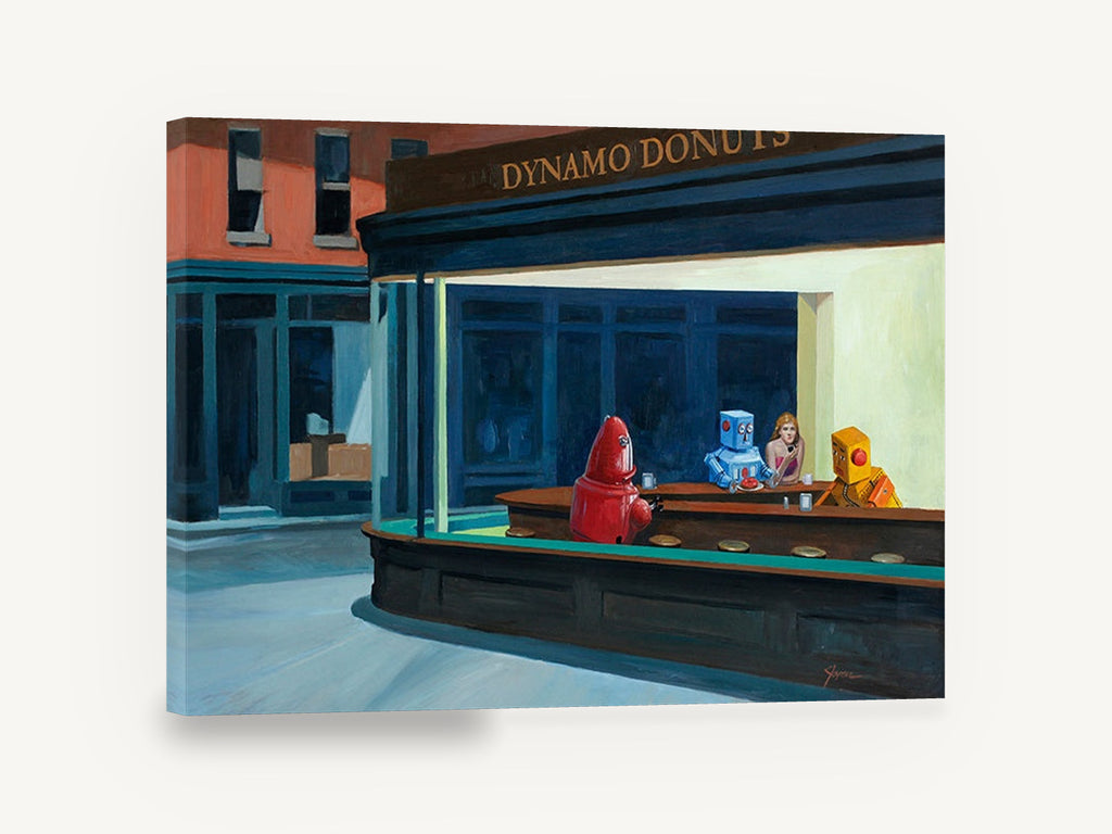 Dynamo Donuts Night, retro robot diner night scene, stretched canvas wall art print ready to hang
