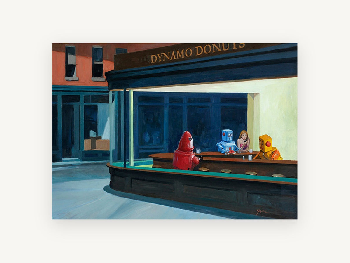Dynamo Donuts Night, vintage canvas wall art print, front view