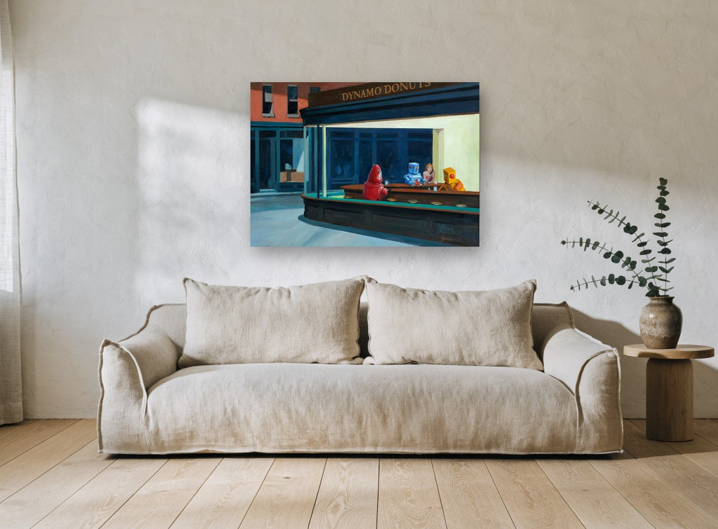 Dynamo Donuts Night vintage canvas print on the wall of a living room