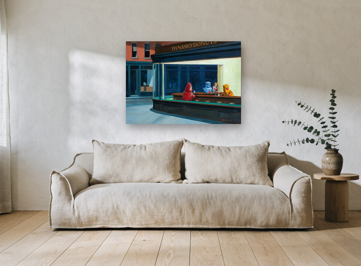 Dynamo Donuts Night vintage canvas print on the wall of a living room