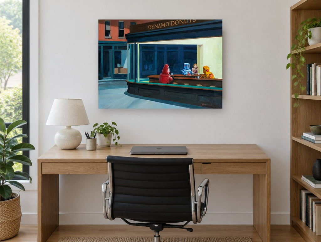 Dynamo Donuts Night vintage canvas print on the wall of a study