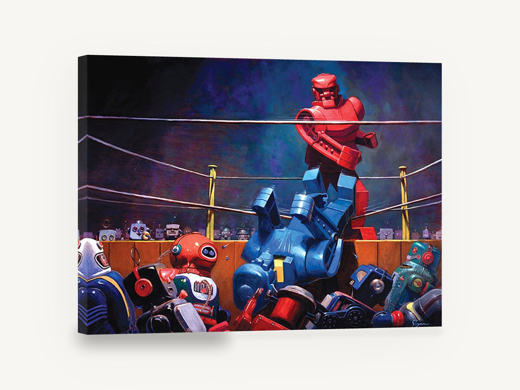 Robot Boxing Knockout, retro toy robot boxing ring, stretched canvas wall art print ready to hang