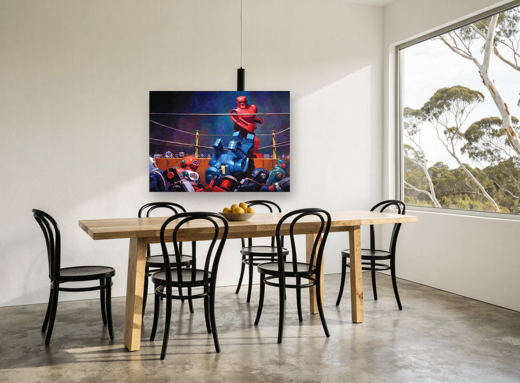 Robot Boxing Knockout vintage canvas print on the wall of a dining room
