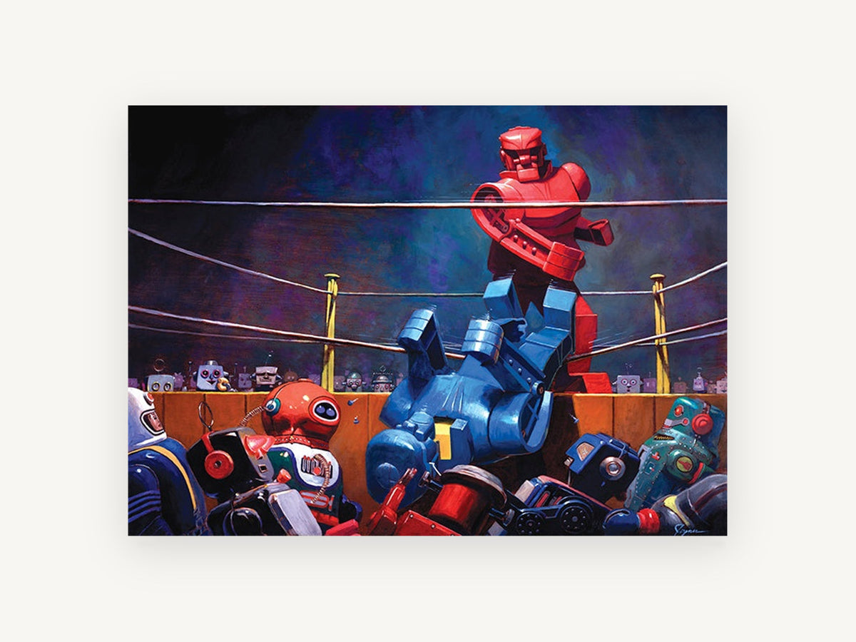 Robot Boxing Knockout, vintage canvas wall art print, front view